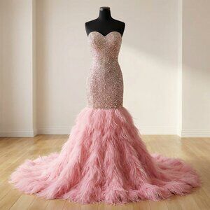 🦩Couture Ostrich Feathers Evening Wedding Cocktail Runway Beaded Crystals Dress